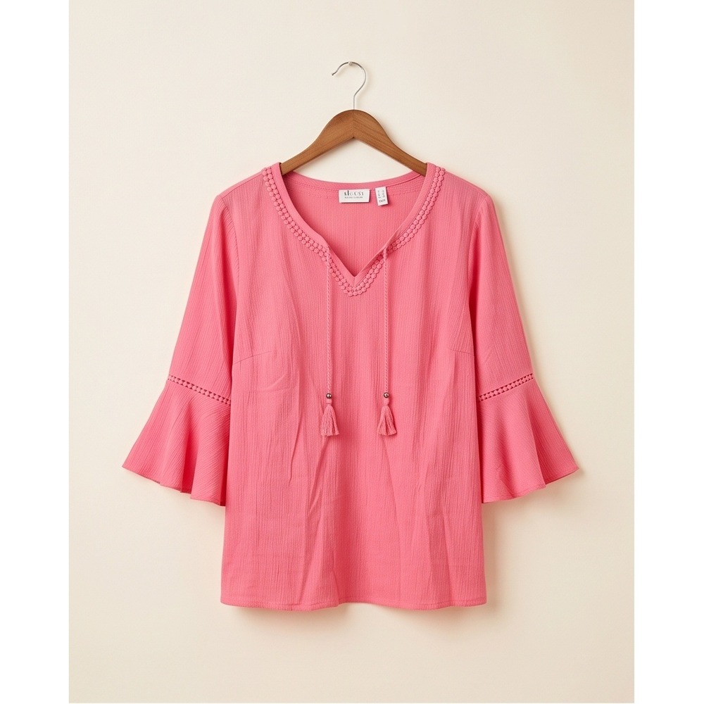 Denim & Co L Coral Pink Tassel V-Neck Bell Sleeve Blouse Top Large NWOT